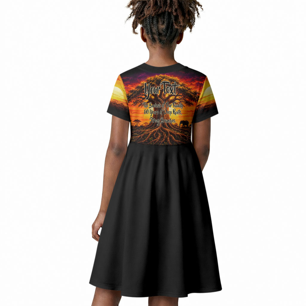 Personalized 80th Birthday Baobab Tree Kid Short Sleeve Dress African Sunset Savanna Silhouette Tribal Heritage Art