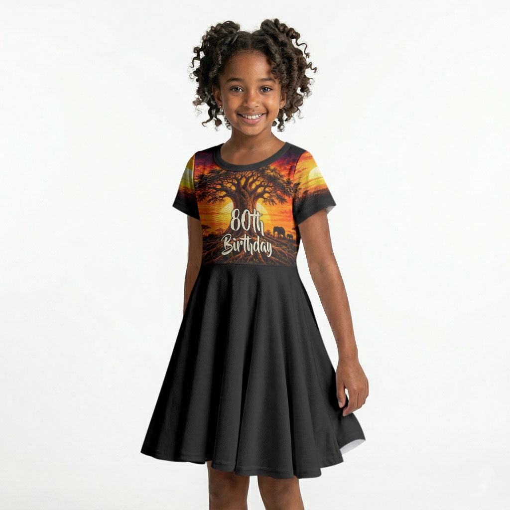 Personalized 80th Birthday Baobab Tree Kid Short Sleeve Dress African Sunset Savanna Silhouette Tribal Heritage Art