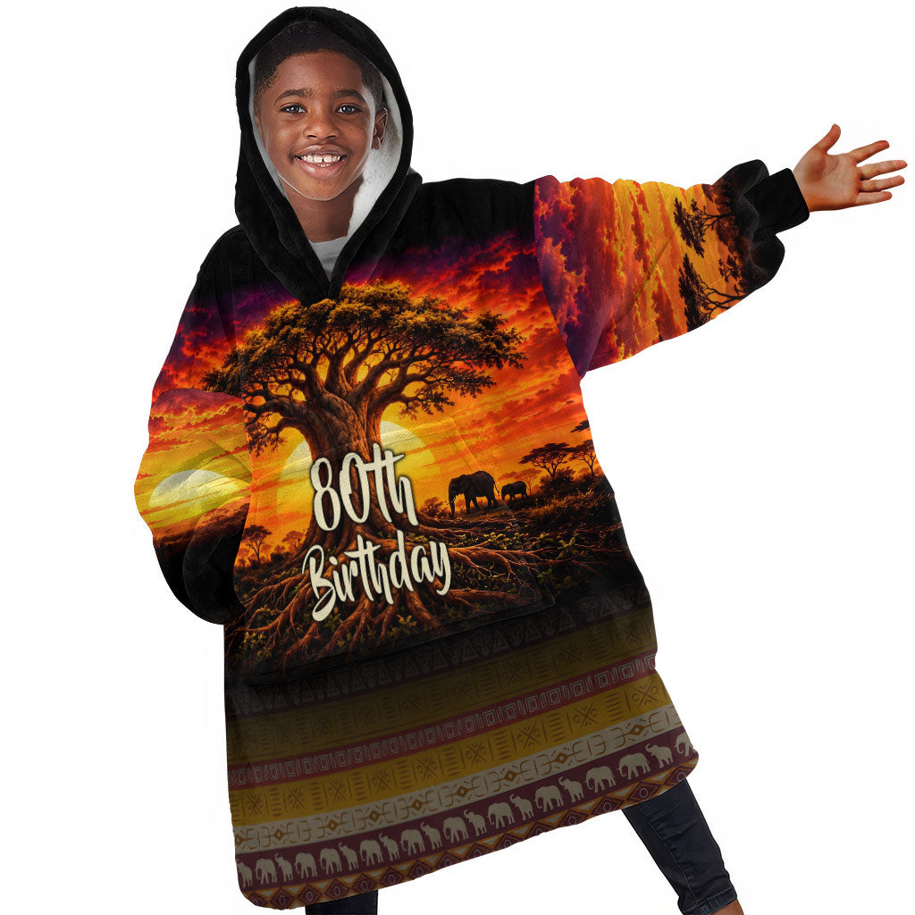 Personalized 80th Birthday Baobab Tree Kid Wearable Blanket Hoodie African Sunset Savanna Silhouette Tribal Heritage Art