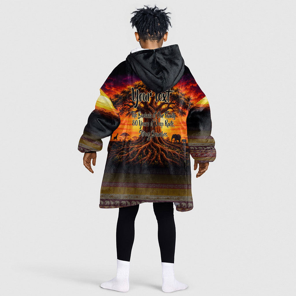 Personalized 80th Birthday Baobab Tree Kid Wearable Blanket Hoodie African Sunset Savanna Silhouette Tribal Heritage Art