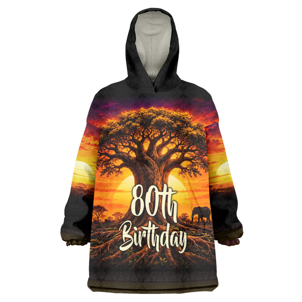 Personalized 80th Birthday Baobab Tree Kid Wearable Blanket Hoodie African Sunset Savanna Silhouette Tribal Heritage Art