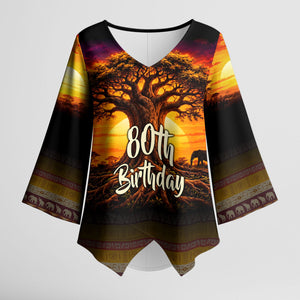 Personalized 80th Birthday Baobab Tree Kimono Sleeve Blouse African Sunset Savanna Silhouette Tribal Heritage Art