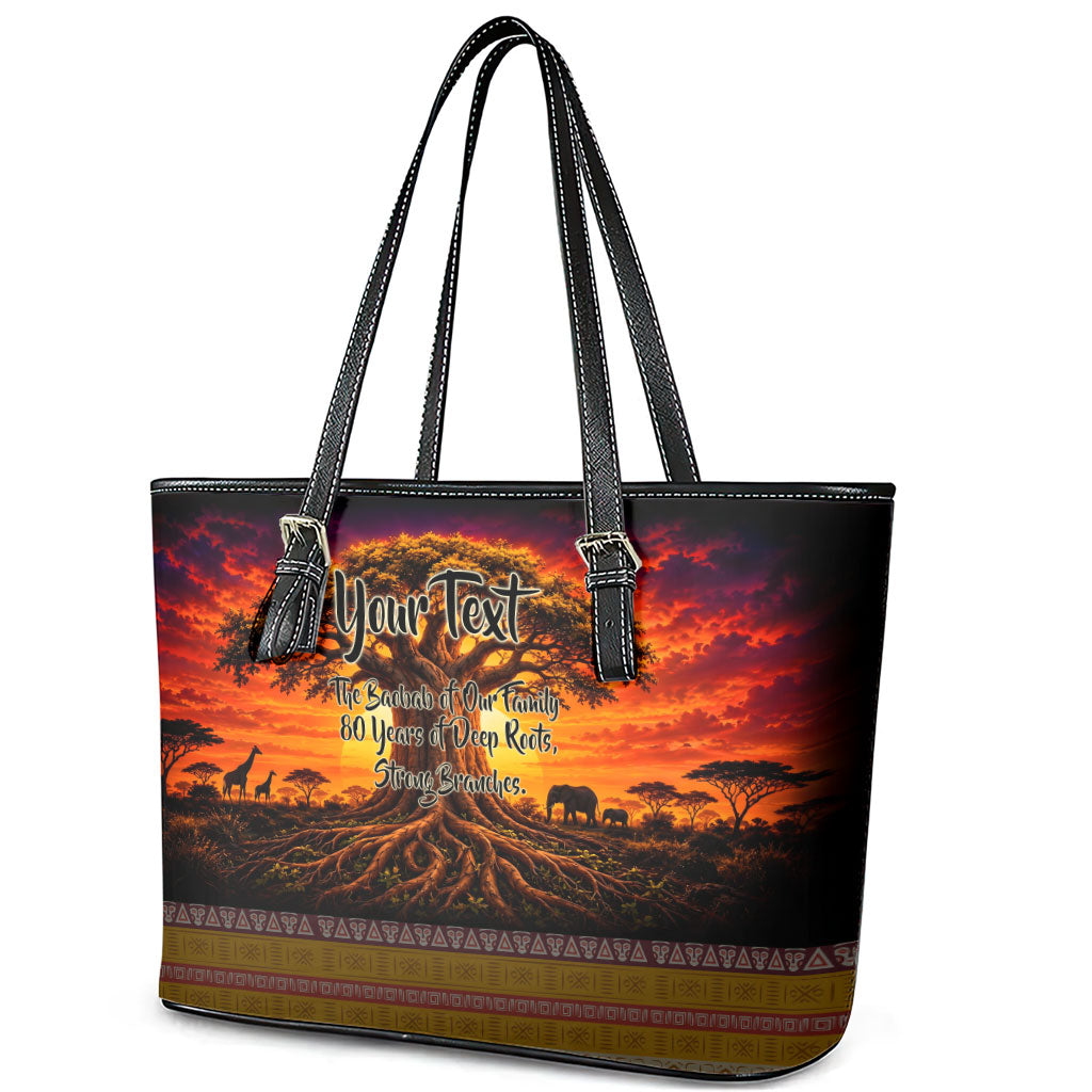 Personalized 80th Birthday Baobab Tree Leather Tote Bag African Sunset Savanna Silhouette Tribal Heritage Art