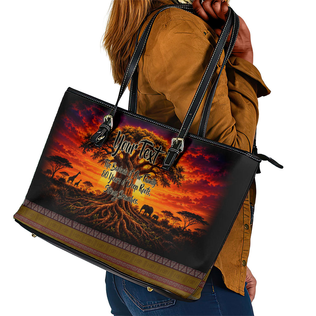 Personalized 80th Birthday Baobab Tree Leather Tote Bag African Sunset Savanna Silhouette Tribal Heritage Art