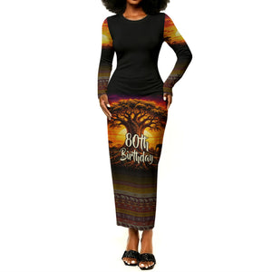 Personalized 80th Birthday Baobab Tree Long Sleeve Bodycon Dress African Sunset Savanna Silhouette Tribal Heritage Art