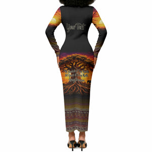 Personalized 80th Birthday Baobab Tree Long Sleeve Bodycon Dress African Sunset Savanna Silhouette Tribal Heritage Art