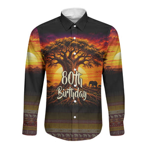 Personalized 80th Birthday Baobab Tree Long Sleeve Button Shirt African Sunset Savanna Silhouette Tribal Heritage Art