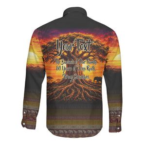 Personalized 80th Birthday Baobab Tree Long Sleeve Button Shirt African Sunset Savanna Silhouette Tribal Heritage Art