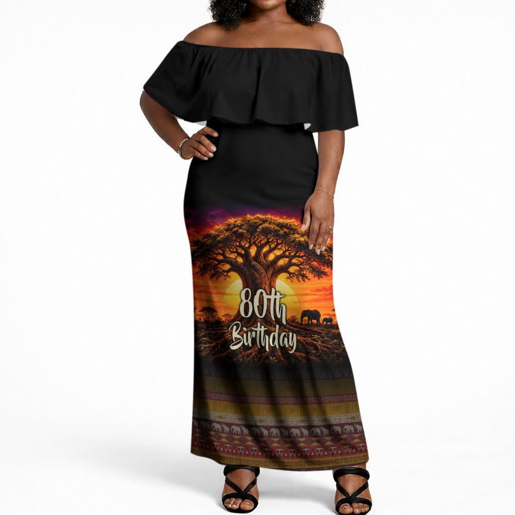 Personalized 80th Birthday Baobab Tree Off Shoulder Maxi Dress African Sunset Savanna Silhouette Tribal Heritage Art