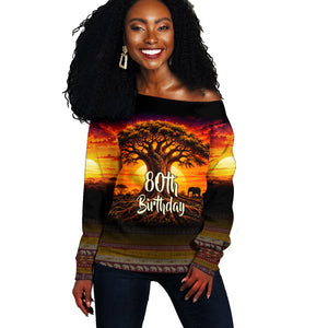 Personalized 80th Birthday Baobab Tree Off Shoulder Sweater African Sunset Savanna Silhouette Tribal Heritage Art