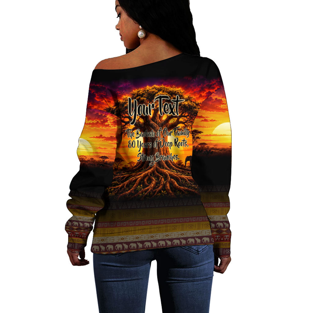Personalized 80th Birthday Baobab Tree Off Shoulder Sweater African Sunset Savanna Silhouette Tribal Heritage Art