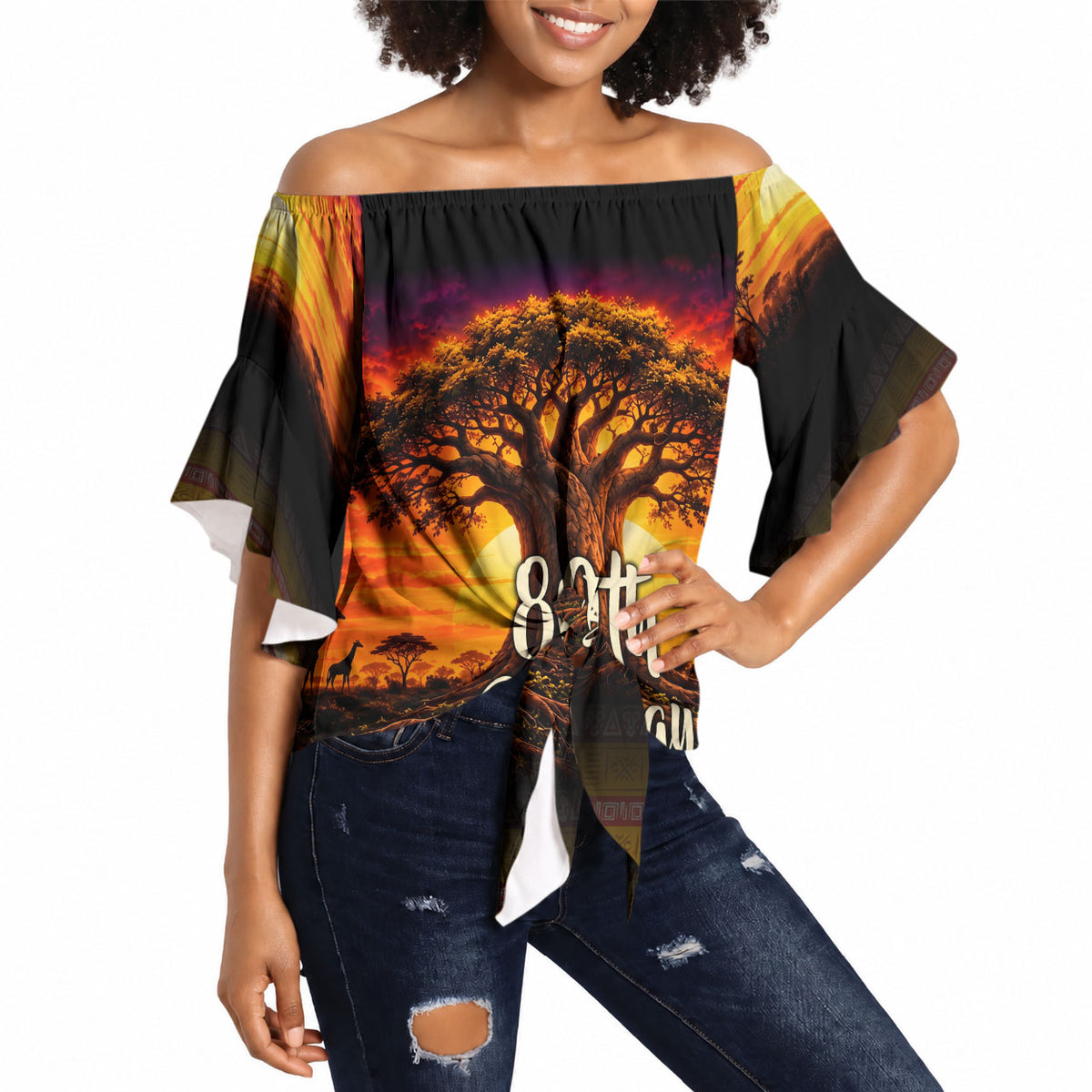 Personalized 80th Birthday Baobab Tree Off Shoulder Wrap Waist Top African Sunset Savanna Silhouette Tribal Heritage Art