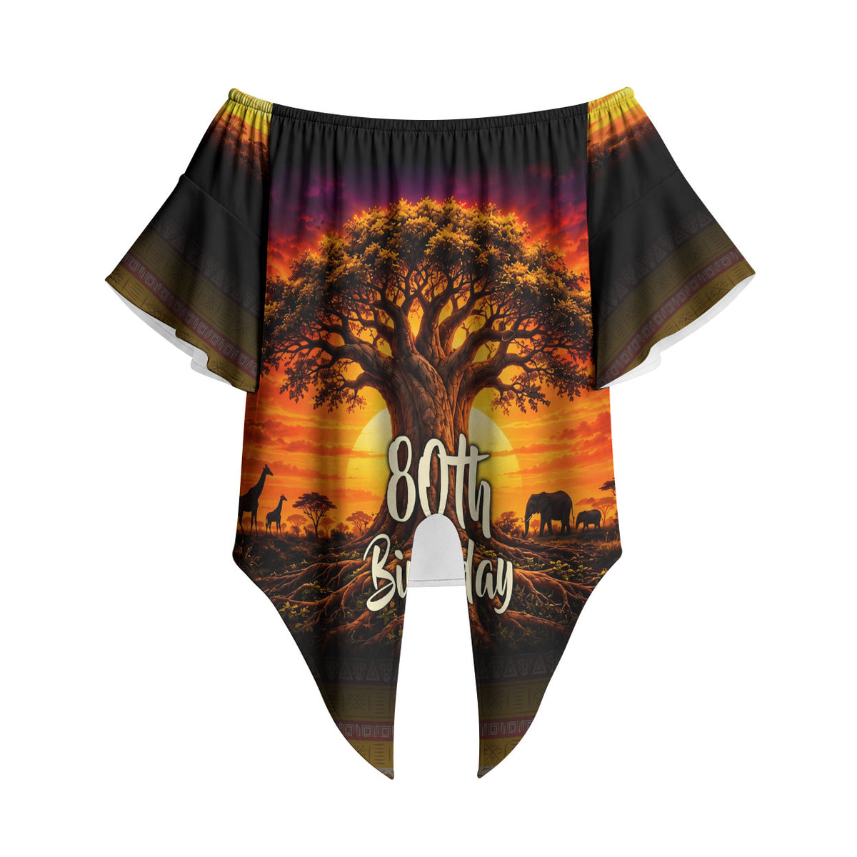 Personalized 80th Birthday Baobab Tree Off Shoulder Wrap Waist Top African Sunset Savanna Silhouette Tribal Heritage Art