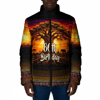 Personalized 80th Birthday Baobab Tree Padded Jacket African Sunset Savanna Silhouette Tribal Heritage Art