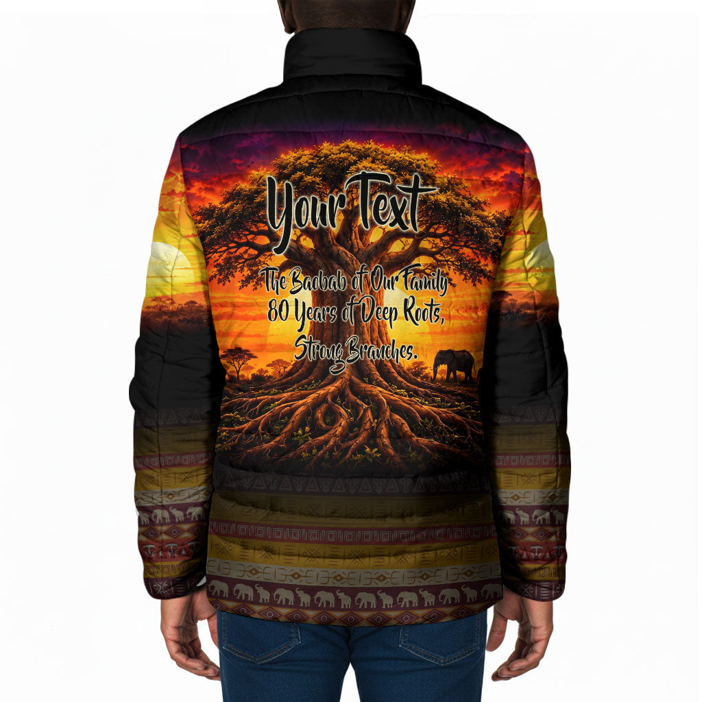 Personalized 80th Birthday Baobab Tree Padded Jacket African Sunset Savanna Silhouette Tribal Heritage Art