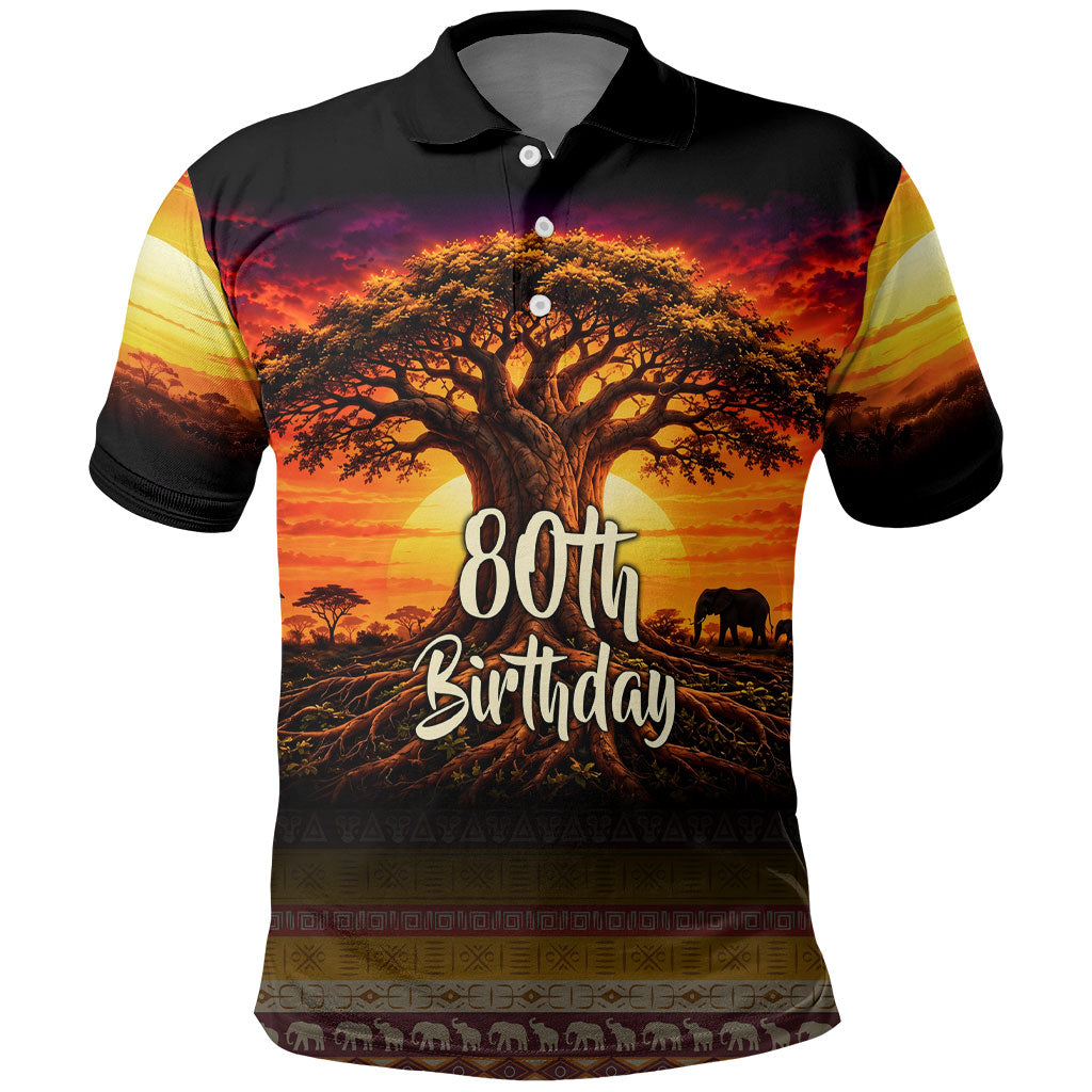 Personalized 80th Birthday Baobab Tree Polo Shirt African Sunset Savanna Silhouette Tribal Heritage Art