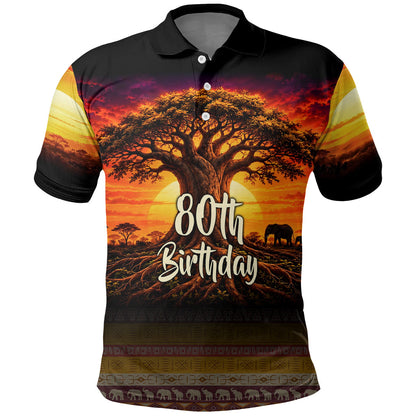 Personalized 80th Birthday Baobab Tree Polo Shirt African Sunset Savanna Silhouette Tribal Heritage Art