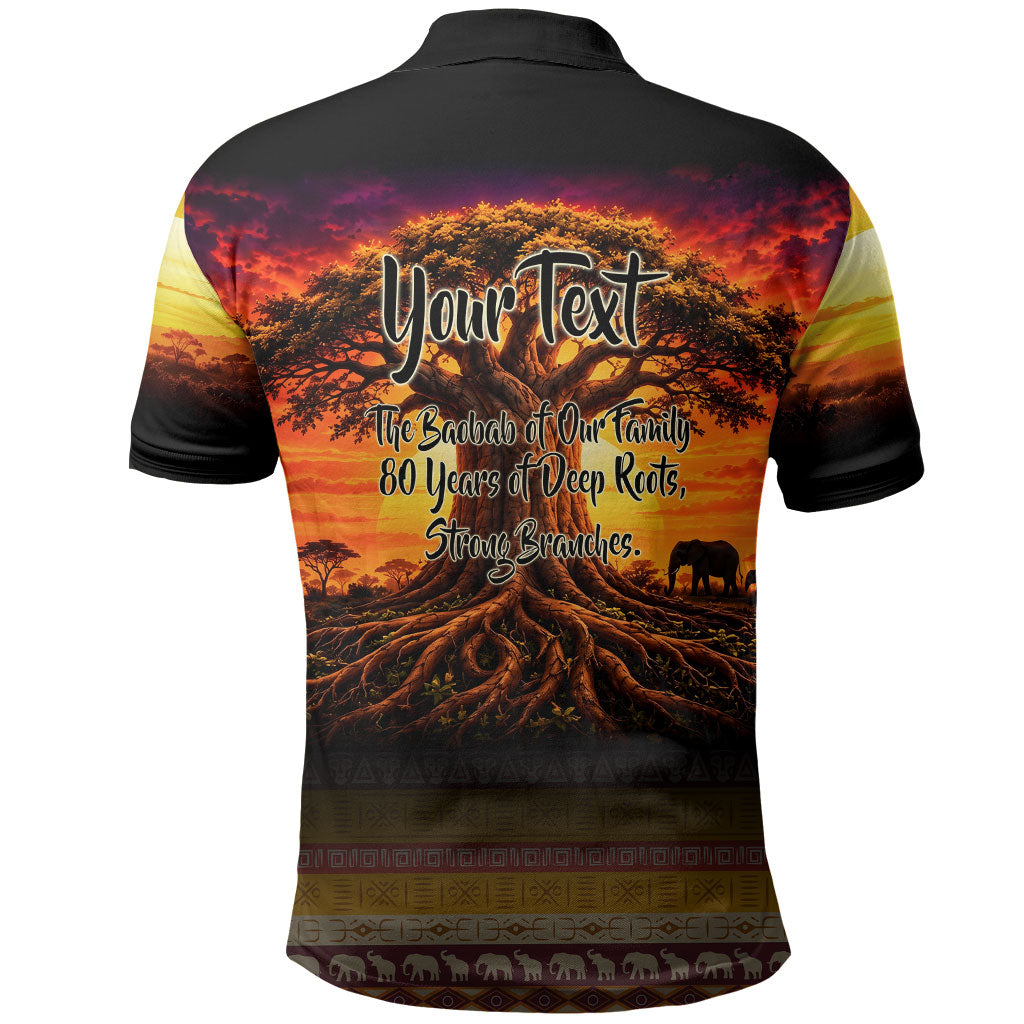 Personalized 80th Birthday Baobab Tree Polo Shirt African Sunset Savanna Silhouette Tribal Heritage Art