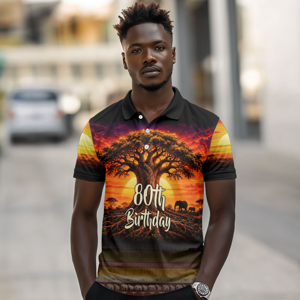 Personalized 80th Birthday Baobab Tree Polo Shirt African Sunset Savanna Silhouette Tribal Heritage Art