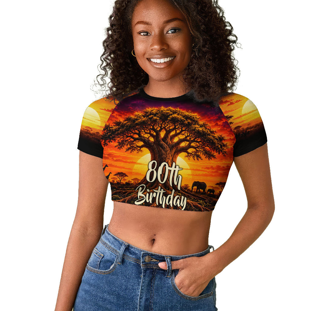 Personalized 80th Birthday Baobab Tree Raglan Cropped T shirt African Sunset Savanna Silhouette Tribal Heritage Art