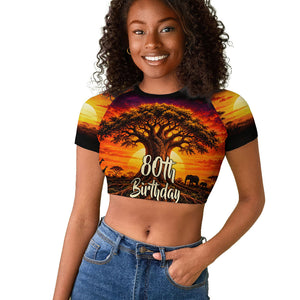 Personalized 80th Birthday Baobab Tree Raglan Cropped T shirt African Sunset Savanna Silhouette Tribal Heritage Art