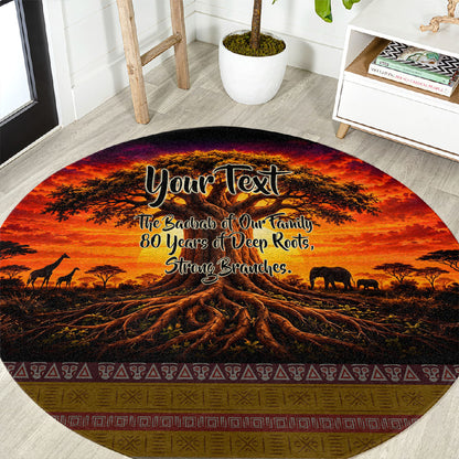 Personalized 80th Birthday Baobab Tree Round Carpet African Sunset Savanna Silhouette Tribal Heritage Art