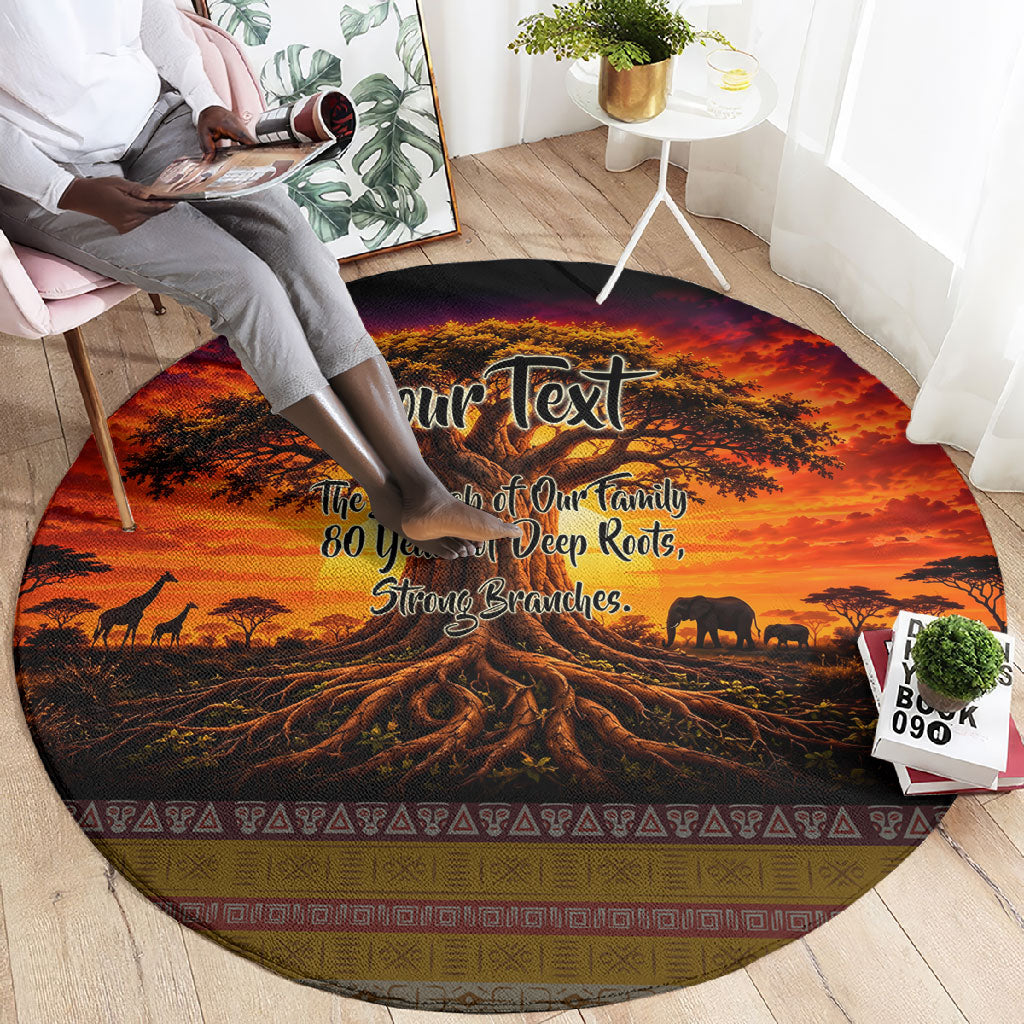 Personalized 80th Birthday Baobab Tree Round Carpet African Sunset Savanna Silhouette Tribal Heritage Art