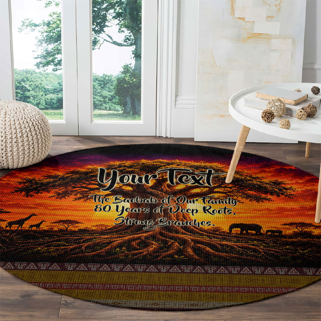 Personalized 80th Birthday Baobab Tree Round Carpet African Sunset Savanna Silhouette Tribal Heritage Art