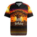 Personalized 80th Birthday Baobab Tree Rugby Jersey African Sunset Savanna Silhouette Tribal Heritage Art