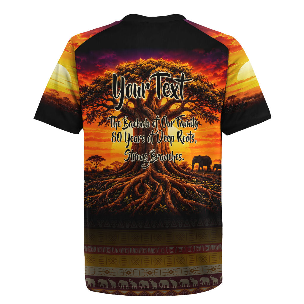 Personalized 80th Birthday Baobab Tree Rugby Jersey African Sunset Savanna Silhouette Tribal Heritage Art