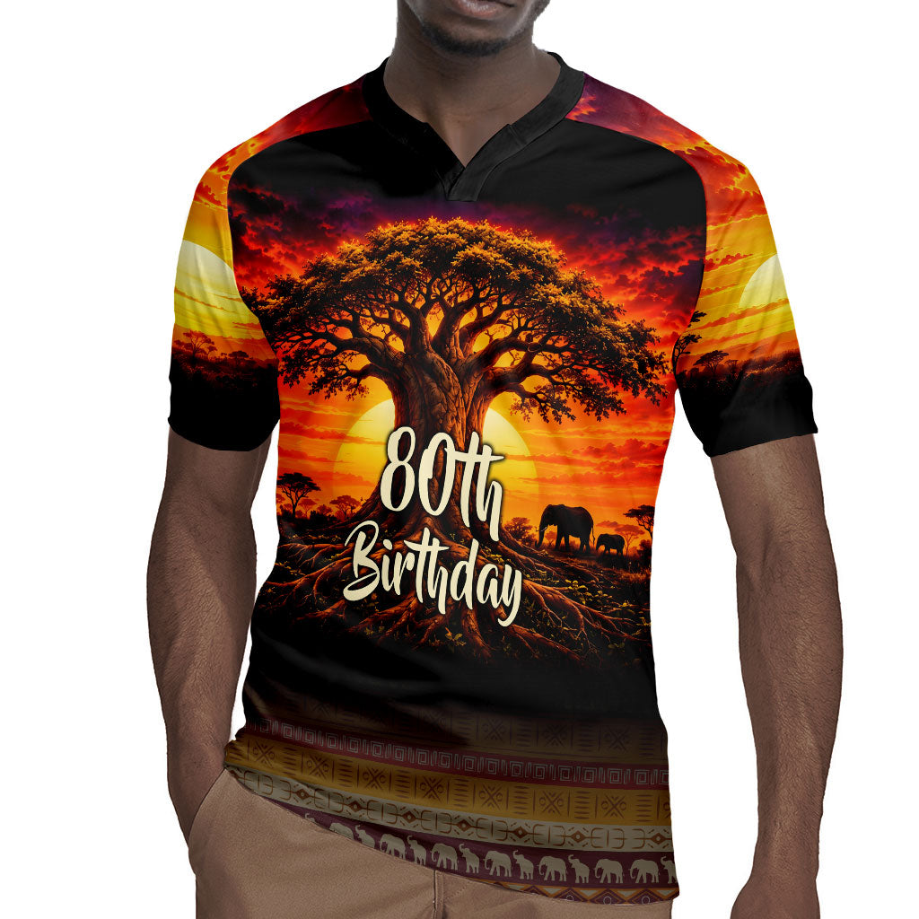 Personalized 80th Birthday Baobab Tree Rugby Jersey African Sunset Savanna Silhouette Tribal Heritage Art
