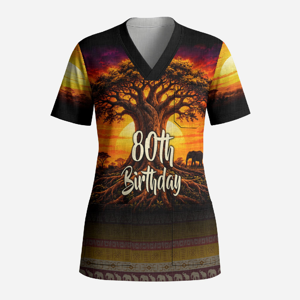 Personalized 80th Birthday Baobab Tree Scrub Top African Sunset Savanna Silhouette Tribal Heritage Art