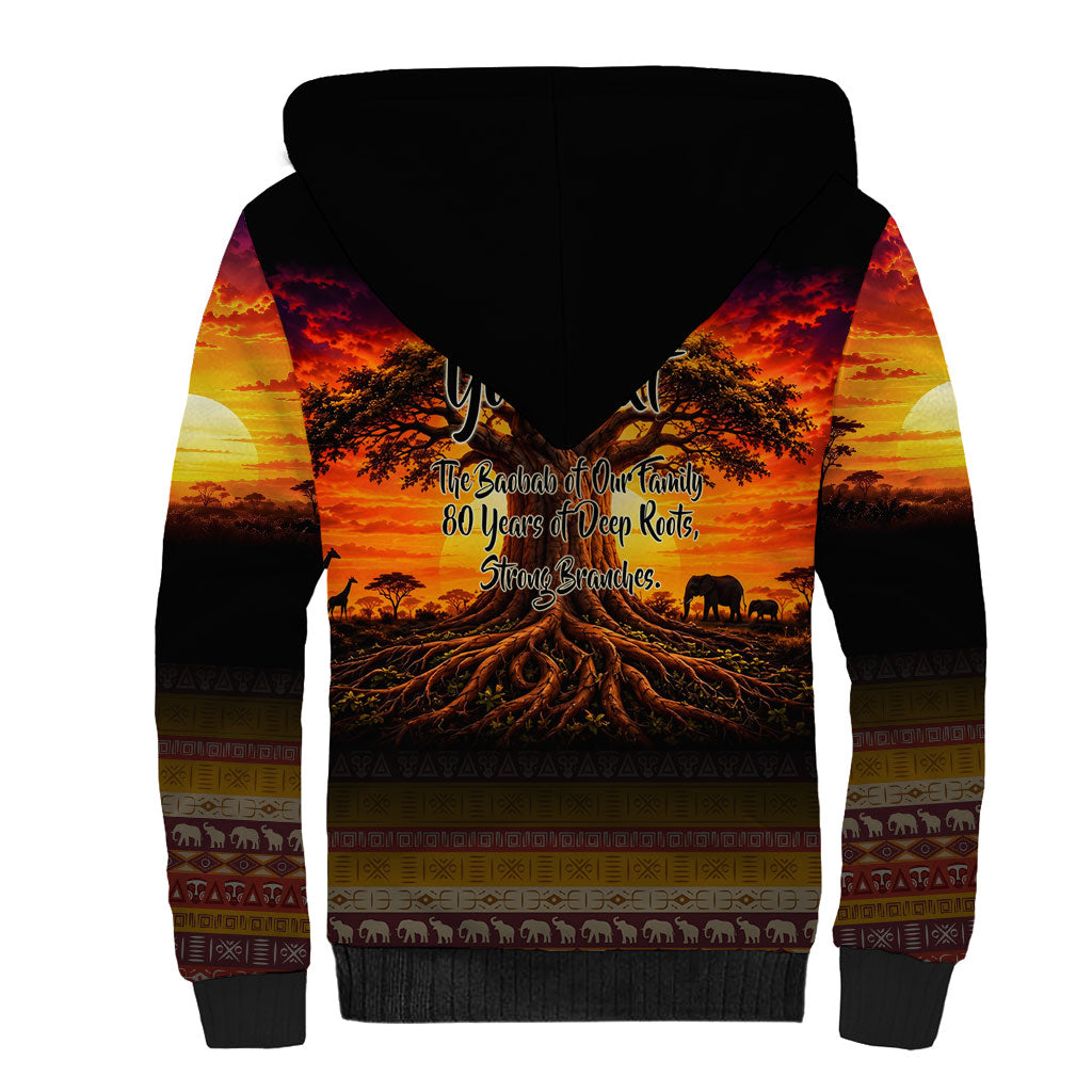 Personalized 80th Birthday Baobab Tree Sherpa Hoodie African Sunset Savanna Silhouette Tribal Heritage Art