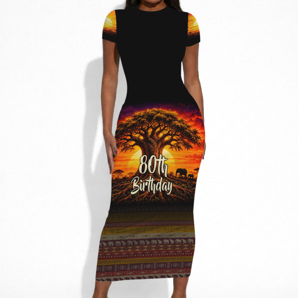 Personalized 80th Birthday Baobab Tree Short Sleeve Bodycon Dress African Sunset Savanna Silhouette Tribal Heritage Art