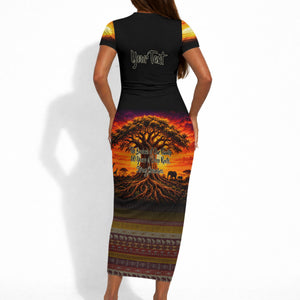 Personalized 80th Birthday Baobab Tree Short Sleeve Bodycon Dress African Sunset Savanna Silhouette Tribal Heritage Art