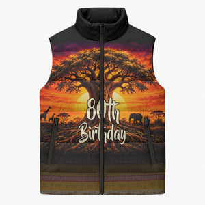 Personalized 80th Birthday Baobab Tree Sleeveless Puffer Jacket African Sunset Savanna Silhouette Tribal Heritage Art