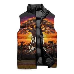 Personalized 80th Birthday Baobab Tree Sleeveless Puffer Jacket African Sunset Savanna Silhouette Tribal Heritage Art