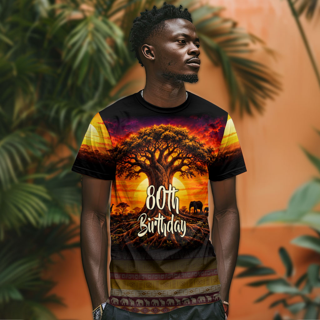 Personalized 80th Birthday Baobab Tree T shirt African Sunset Savanna Silhouette Tribal Heritage Art