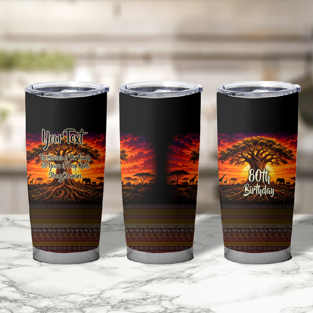 Personalized 80th Birthday Baobab Tree Tumbler Cup African Sunset Savanna Silhouette Tribal Heritage Art