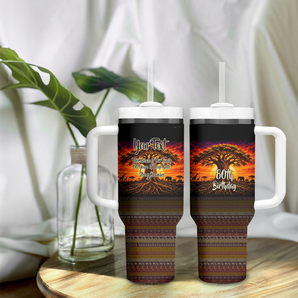 Personalized 80th Birthday Baobab Tree Tumbler With Handle African Sunset Savanna Silhouette Tribal Heritage Art