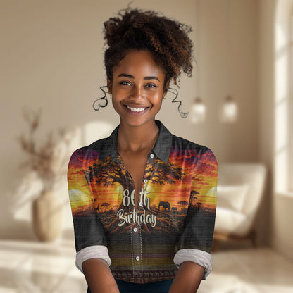 Personalized 80th Birthday Baobab Tree Women Casual Shirt African Sunset Savanna Silhouette Tribal Heritage Art