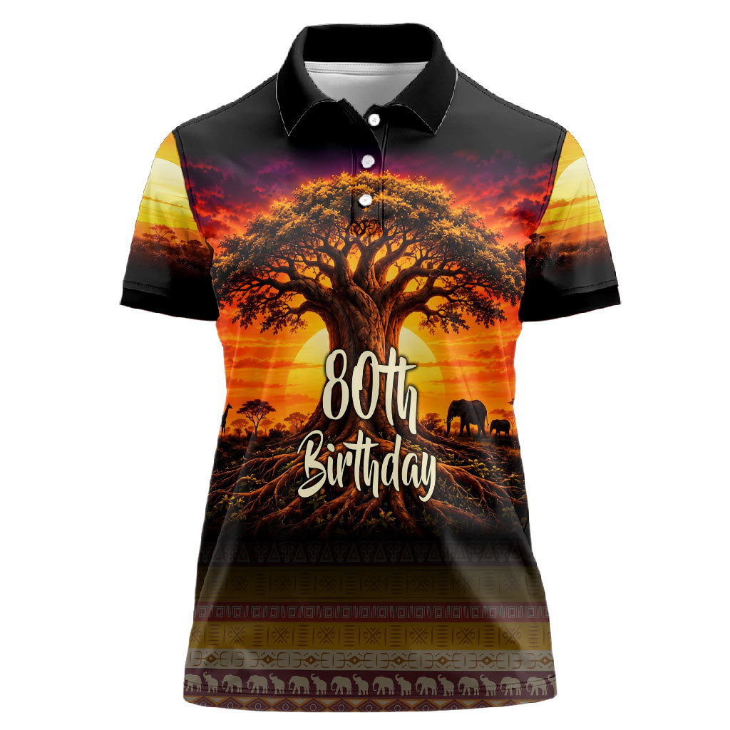 Personalized 80th Birthday Baobab Tree Women Polo Shirt African Sunset Savanna Silhouette Tribal Heritage Art