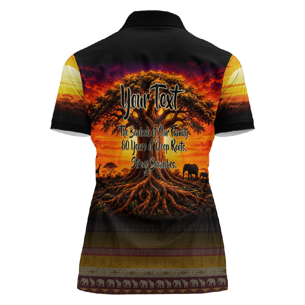 Personalized 80th Birthday Baobab Tree Women Polo Shirt African Sunset Savanna Silhouette Tribal Heritage Art
