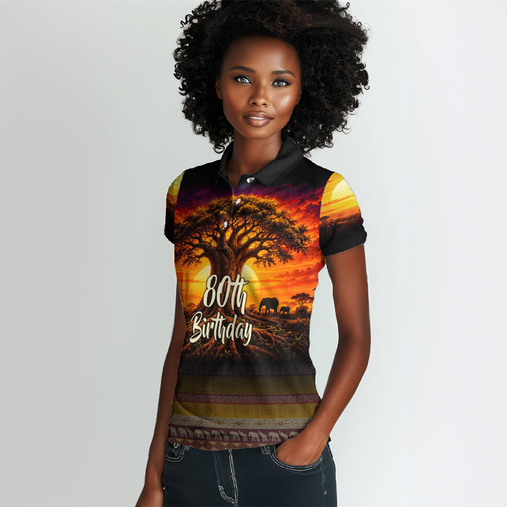 Personalized 80th Birthday Baobab Tree Women Polo Shirt African Sunset Savanna Silhouette Tribal Heritage Art