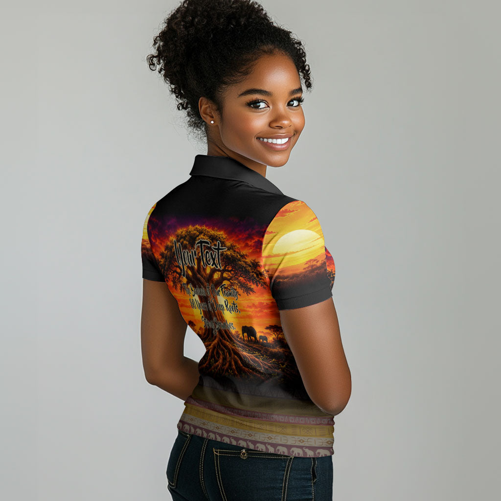 Personalized 80th Birthday Baobab Tree Women Polo Shirt African Sunset Savanna Silhouette Tribal Heritage Art