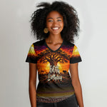 Personalized 80th Birthday Baobab Tree Women V-Neck T-Shirt African Sunset Savanna Silhouette Tribal Heritage Art