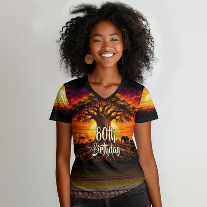 Personalized 80th Birthday Baobab Tree Women V-Neck T-Shirt African Sunset Savanna Silhouette Tribal Heritage Art