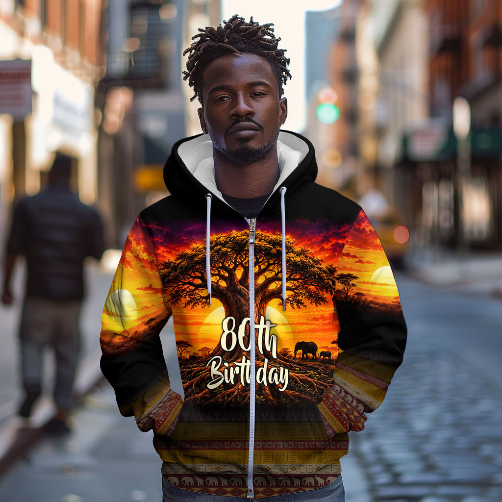 Personalized 80th Birthday Baobab Tree Zip Hoodie African Sunset Savanna Silhouette Tribal Heritage Art