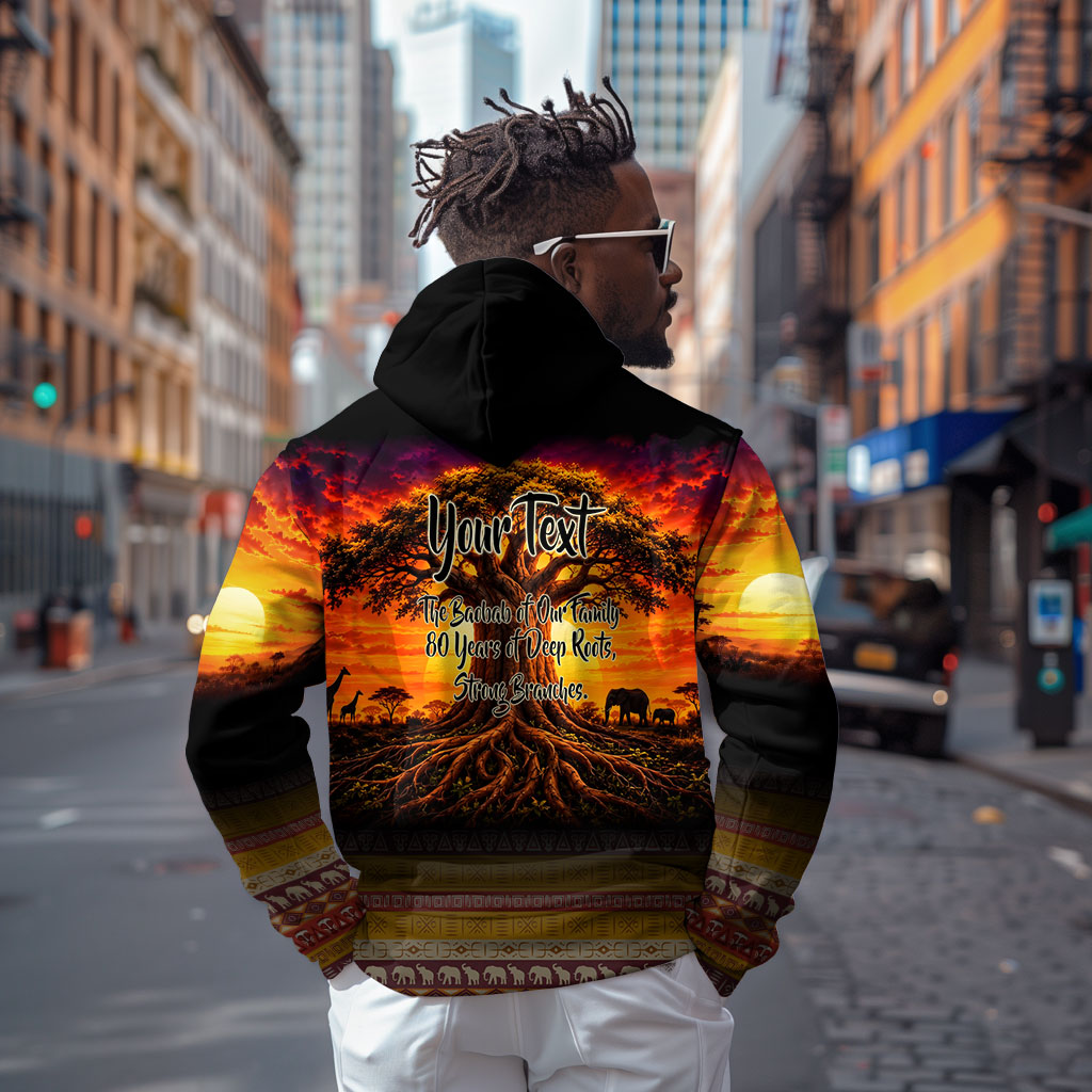 Personalized 80th Birthday Baobab Tree Zip Hoodie African Sunset Savanna Silhouette Tribal Heritage Art