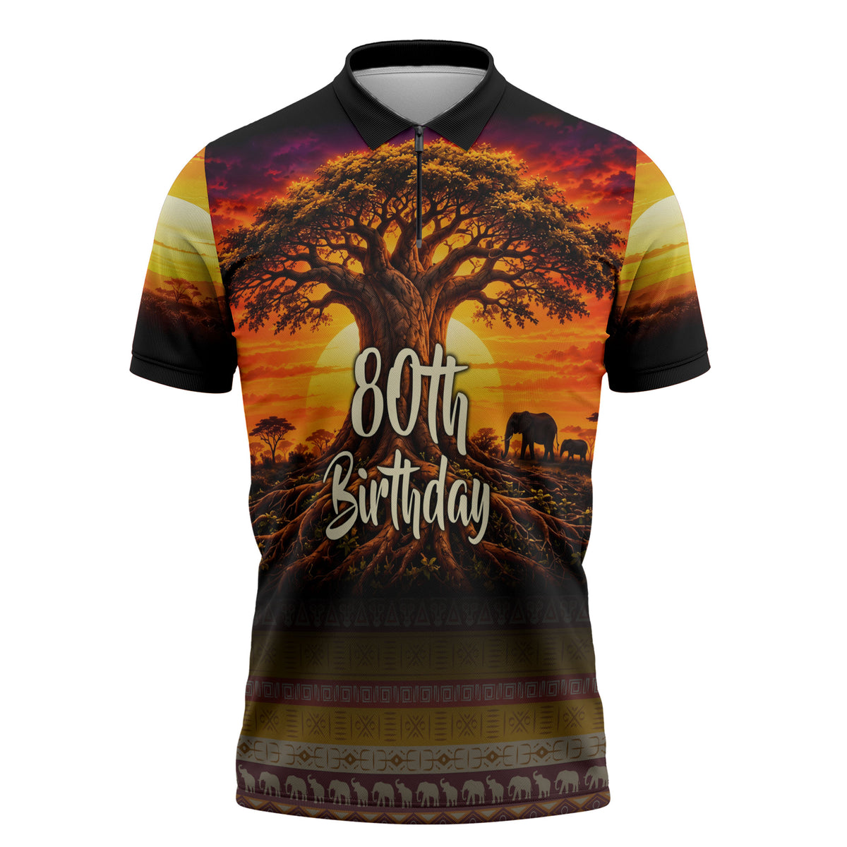Personalized 80th Birthday Baobab Tree Zipper Polo Shirt African Sunset Savanna Silhouette Tribal Heritage Art
